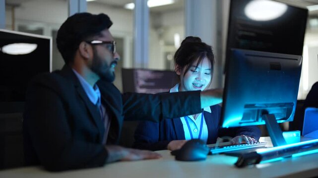 Two diverse colleagues collaborate late at night in a modern office. The man explains his idea, and the woman listens as they work together on a computer to finish a project.