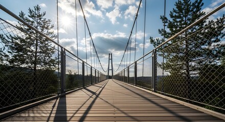 Obraz premium Image of super premium photo of a long wooden suspension bridge stretches into the distance under a bright, partly cloudy sky, inviting exploration and symbolizing a journey forward