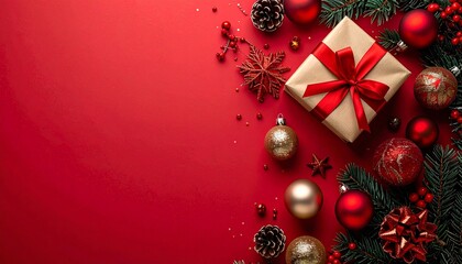 Christmas gift box with red ribbon and holiday ornaments on bright red background. Decoration aligned on the right with empty copy space on the left for festive message or promotion.