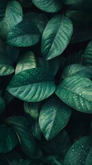 Fototapeta premium 緑の葉 水滴が付いた葉 静かな背景 活力のある植物の質感 静かな自然の美しさを表現