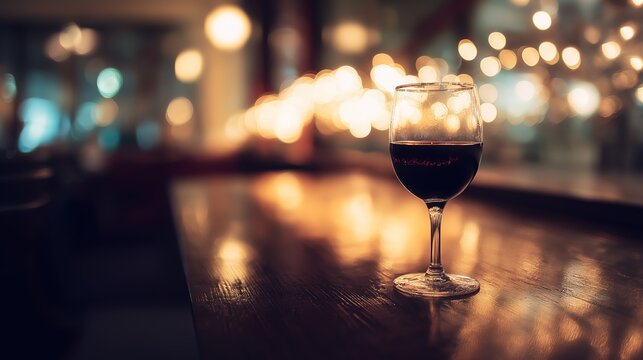 Glass of red wine elegantly placed on a dark wooden table, reflecting warm ambient light.
