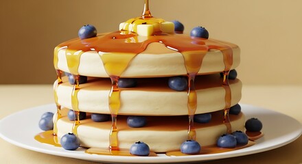 Stack of pancakes with blueberries and maple syrup