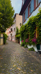 Fototapeta premium Rheingau wine region, Hesse. Wine tourism. A walk through the narrow old streets of Rudesheim am Rhein, Germany, August 20, 2024.
