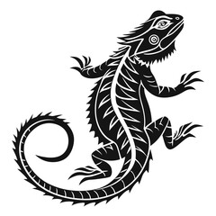 Stylized black silhouette of a bearded dragon lizard with tribal patterns
