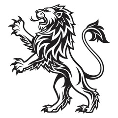 Heraldic lion rampant black and white stylized illustration