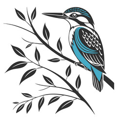 Naklejka premium Stylized kingfisher bird perched on a branch with leaves