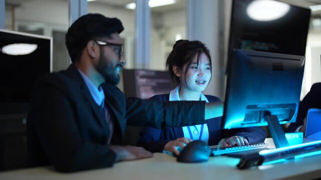 A male and female programmer work as a team on a software development project. They are discussing the code on the screen during a late-night session in their tech office.
