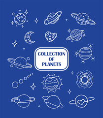 Linear Planets illustration doodle icon collection on a blue