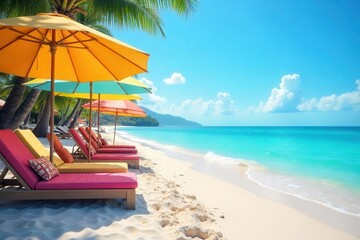 A vibrant beach scene with colorful umbrellas, sandy shore, and calm waves, perfect for summer getaways and relaxation , paradise, relaxation