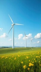 A serene landscape with wind turbines generating renewable energy against a blue sky backdrop , energy efficiency, power generation
