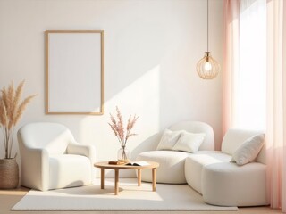 Bright Living Room Interior with White Furniture Pink Curtains and Natural Light