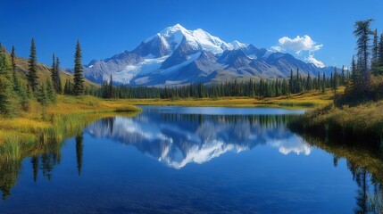 湖に映る雪を頂いた山々と緑豊かな木々が広がる澄んだ青空の風景