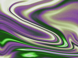 Fluid metallic glossy background with iridescent holographic waves. Bright liquid gradients with dust and grain effect create a psychedelic retro vibe, perfect for 80s 90s inspired wallpaper design.