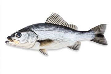 Obraz premium Realistic Black and Gray Fish with Glossy Eye and Textured Scales on White Background, Ideal for Encyclopedia, Marketing, Seafood Promotion, or Educational Materials Keywords fish,