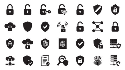 Fototapeta premium Security and privacy icons, lock, shield, cloud protection, network security, data privacy, authentication, password, fingerprint, cybersecurity