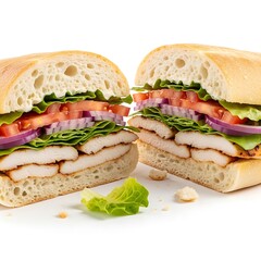 Two halves of a grilled chicken panini sandwich, brimming with fresh vegetables and sliced chicken, are displayed against a crisp white background.