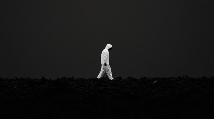 A lone figure in a white hooded jumpsuit traverses a desolate landscape.