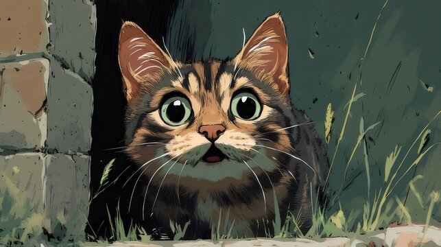 茶色のまだら模様の猫がブロックの壁の穴から覗くイラストレーション
