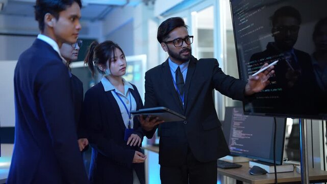 A diverse team of young professionals has a standing meeting in their modern office. The team leader uses a tablet to explain the next steps for their important project.