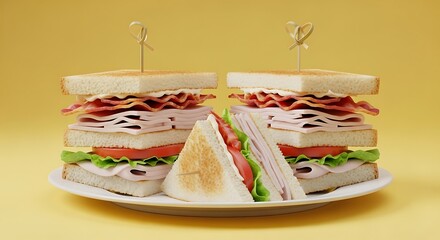 Club sandwiches on a plate with yellow background