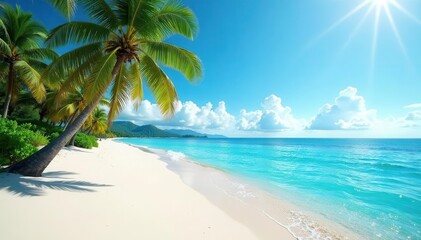 Fototapeta premium A serene beach scene with palm trees, clear blue water, and white sand under a bright sunny sky , clear water, sunny