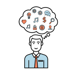 Man in shirt and tie with thought bubble containing various icons above his head on white background