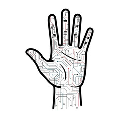 Outline of a hand filled with a circuit board pattern on a white background digital design