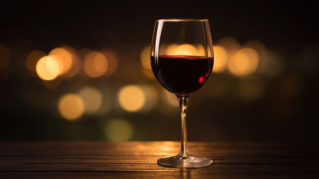 Glass of red wine elegantly placed on a dark wooden table, reflecting warm ambient light.