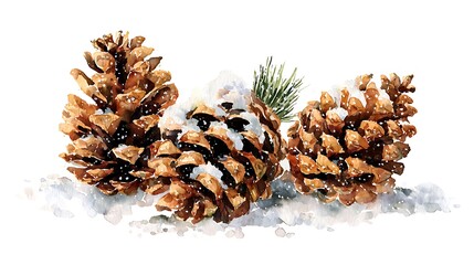 Watercolor painting of three pine cones covered in snow isolated on white background, creating a festive and wintry scene