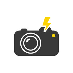A stylized black camera with a white lens and a yellow flash icon on a white background design