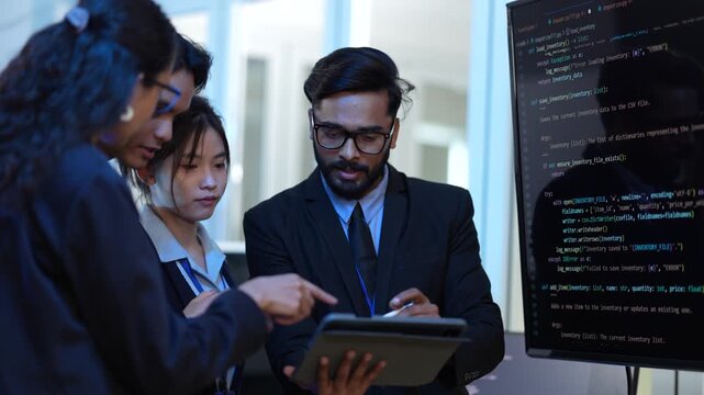 A diverse team of young professionals has a standing meeting in their modern office. The team leader uses a tablet to explain the next steps for their important project.