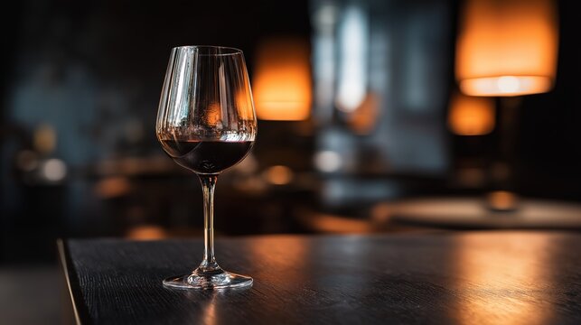 Glass of red wine elegantly placed on a dark wooden table, reflecting warm ambient light.