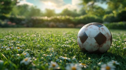 Fototapeta premium サッカーボールとヒナギクのある緑の芝生のフィールドのローアングルショットの背景がぼやけています