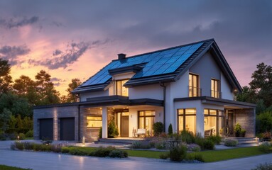 Fototapeta premium Modern house with solar panels in a tranquil setting during sunset