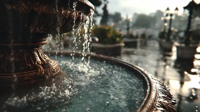 Artistic fountain in the rain: An intricate, classical fountain crafted from stone and bronze overflows with crystal-clear water, the droplets shimmering as they cascade into a serene pool below.