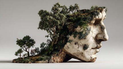 Ancient greek bust integrates with lush greenery nature landscape surreal art