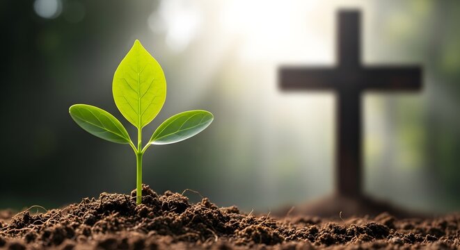 A vibrant green seedling sprouts from rich soil in the foreground, with a blurred wooden cross and bright sunlight in the background, symbolizing growth and faith.