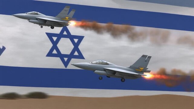 Two Israeli Iran fighter jets with afterburners flying in front of Israeli Iran flag over desert landscape, symbolizing national defense and military strength.