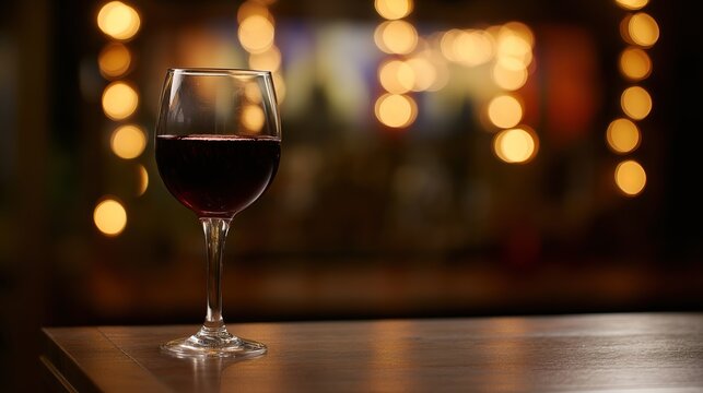 Glass of red wine elegantly placed on a dark wooden table, reflecting warm ambient light.