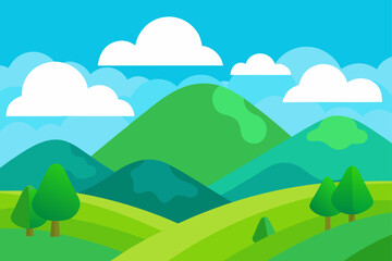 Illustration of green hills with trees and white clouds