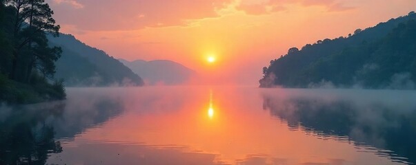 Serene sunrise over a tranquil lake, mist rising, gentle light illuminating the scene Perfect for themes of peace, mindfulness, and spiritual awakening , meditation, golden hour