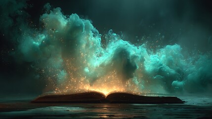 Naklejka premium Open book radiating cosmic aurora light symbolizing knowledge and imagination
