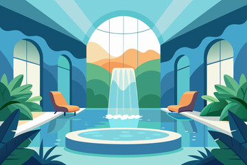 Fototapeta premium Indoor pool with fountain and lounge chairs vector