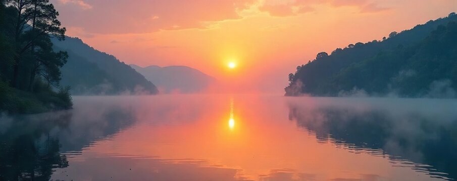 Serene sunrise over a tranquil lake, mist rising, gentle light illuminating the scene Perfect for themes of peace, mindfulness, and spiritual awakening , meditation, golden hour