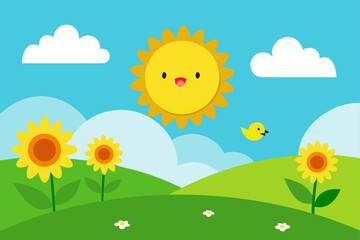 Cartoon landscape with sun sunflowers and a bird