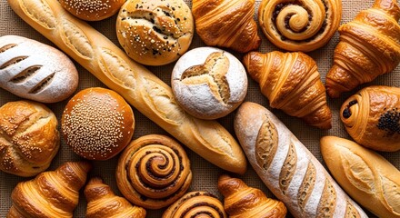 Fototapeta premium An overhead view of a diverse assortment of freshly baked bread, pastries, and rolls, including baguettes, croissants, and cinnamon swirls, arranged on a rustic surface.