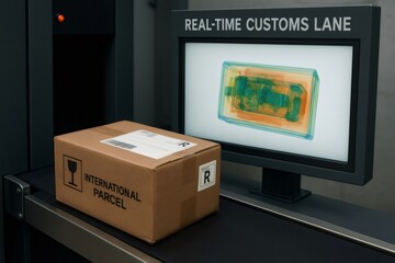 Cardboard box moving on conveyor belt under x ray machine for security check at customs control