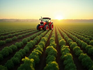 Obraz premium 赤いトラクターが畑で朝日を浴びる 美しい農業風景