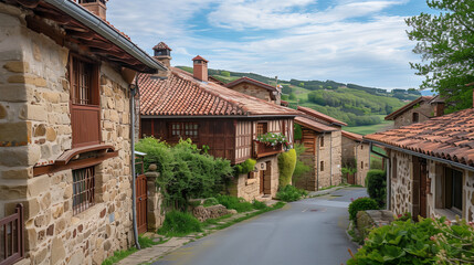 Obraz premium Traditional residential village street with stone houses, wooden balconies, red tiled roofs and asphalt road, surrounded by green hills, realistic stock photo for real estate and housing use 
