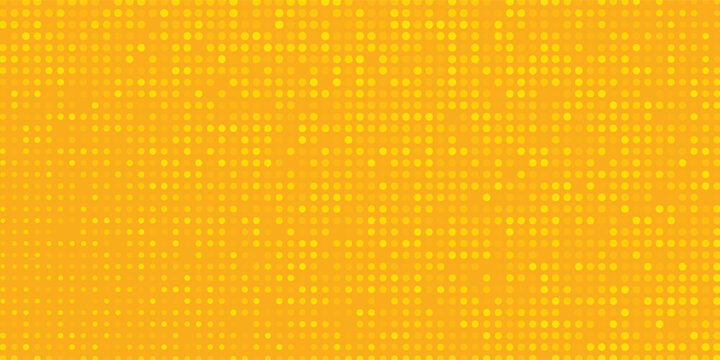 abstract Yellow halftone pattern. Retro comic gradient background. Bright orange pixelated dotted texture overlay. Cartoon pop art faded gradient pattern.
